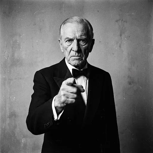 A stern butler in a black tailcoat and bow tie points straight at you.